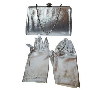 Vintage Clutch Evening Purse With Jeweled Closure Gloves Chain Silver Cocktail